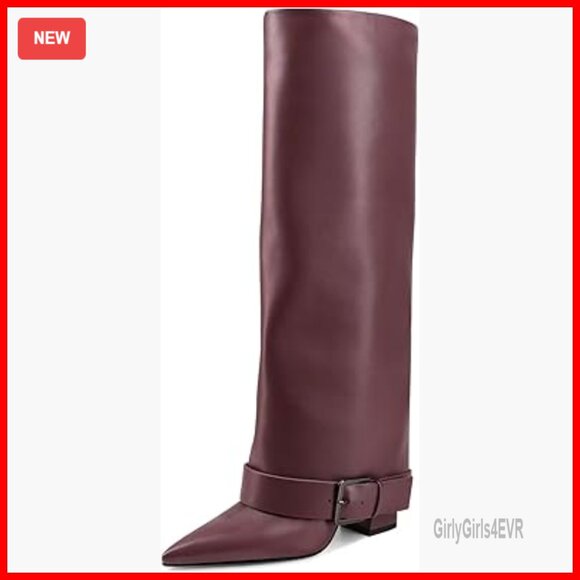 Knee High Boots Fold Over Chunky Heel Wide Calf Pointed Toe Belt Buckle